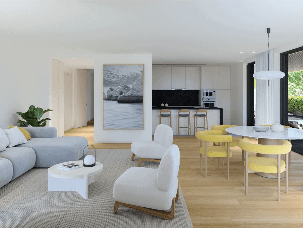 Bright Porto apartment interior with open-plan living and dining area, natural light, and modern dec.