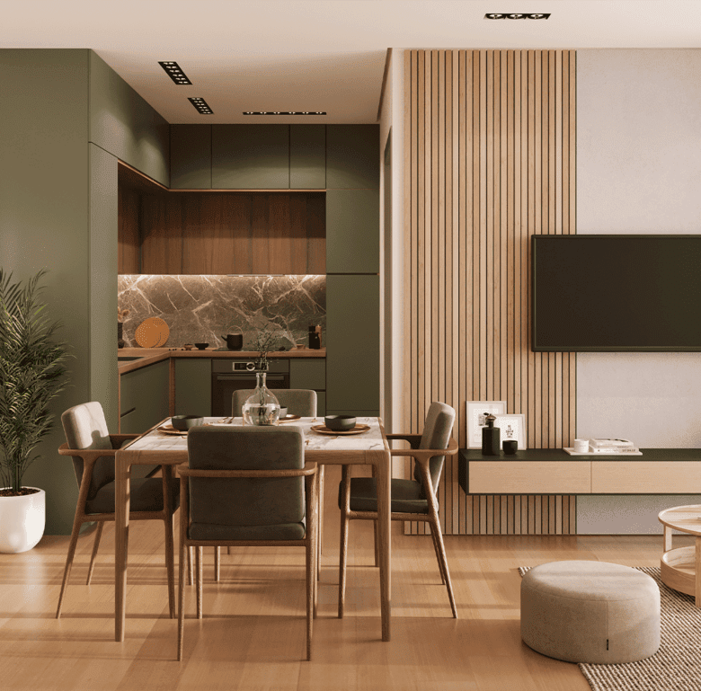 Stylish Panama City apartment interior with dining and living space.