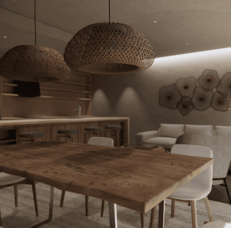 Contemporary living room with wooden furniture and cozy decor in Alma, Bucerias, Mexico.