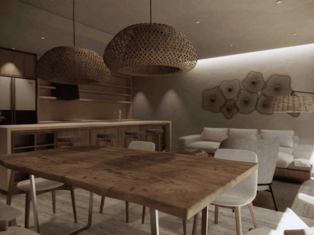 Contemporary living room with wooden furniture and cozy decor in Alma, Bucerias, Mexico.