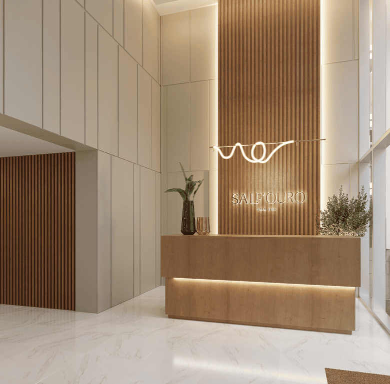 Modern hotel lobby in Porto with stylish wooden accents and elegant lighting.