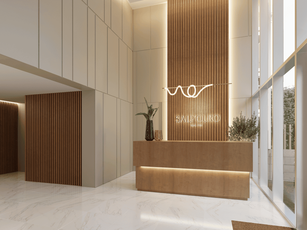 Modern hotel lobby in Porto with stylish wooden accents and elegant lighting.