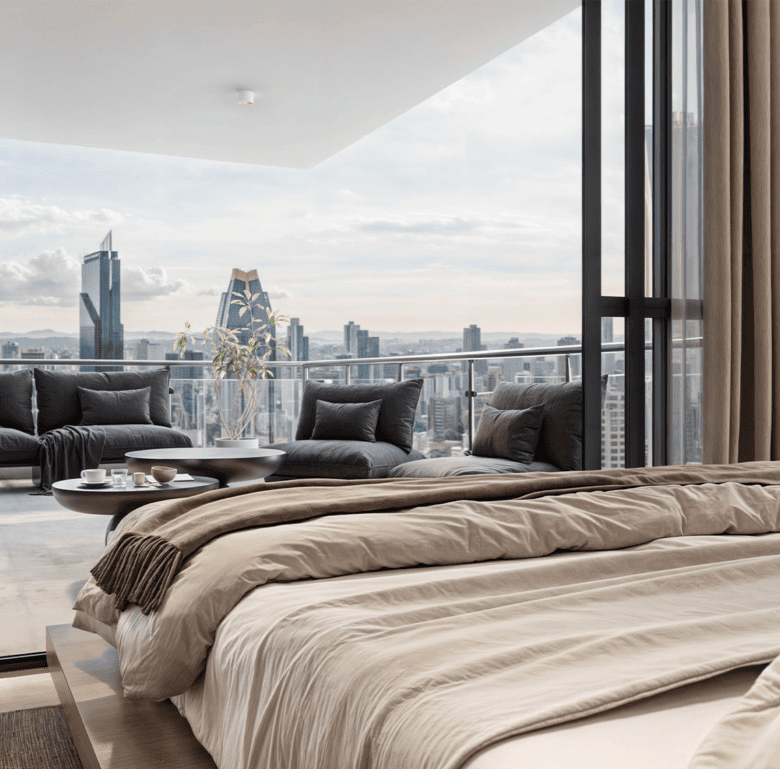 Modern apartment in Panama City with spacious balcony and skyline views.