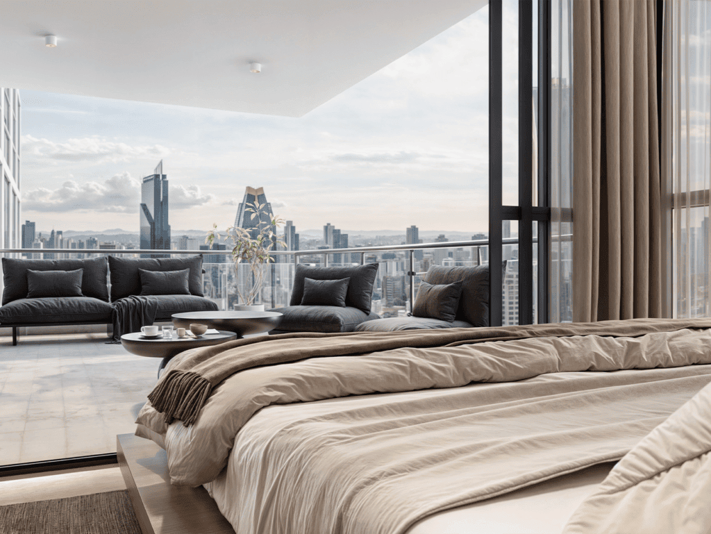 Modern apartment in Panama City with spacious balcony and skyline views.