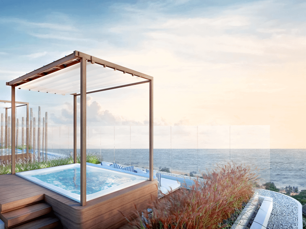 Luxury hot tub overlooking the ocean in Hua Hin, Thailand, perfect for relaxation and enjoying stunn.