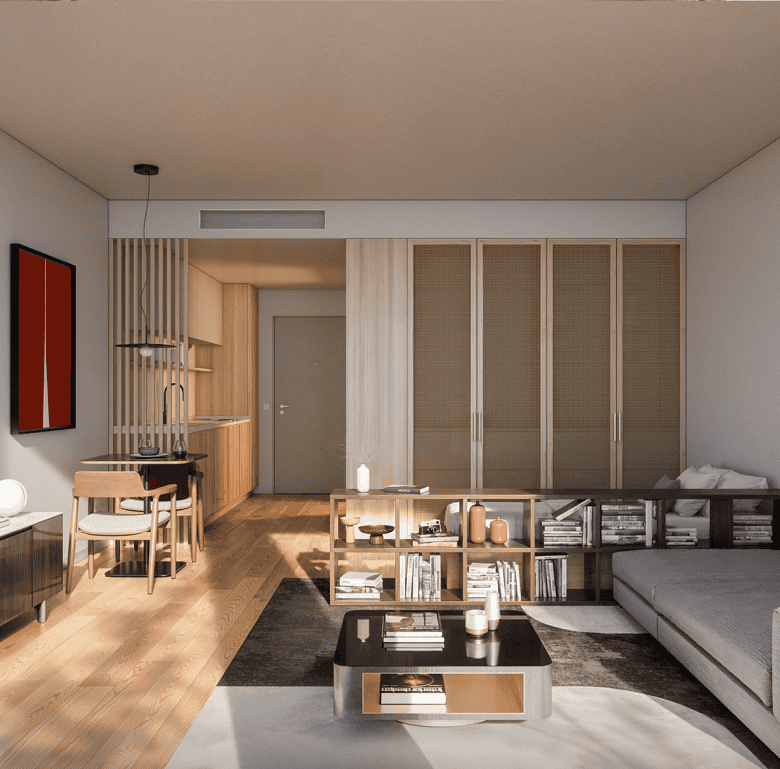 Contemporary Lisbon living room with minimalist furniture and elegant design.