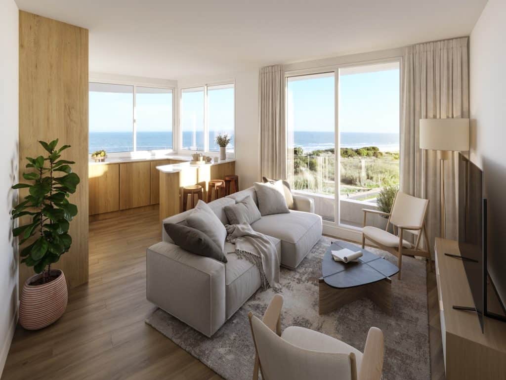 Ocean view living room with large windows and contemporary furniture in Montevideo, Uruguay.