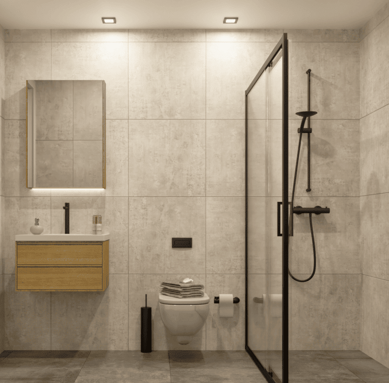Bathroom with shower, toilet, and vanity in a contemporary Athens apartment.