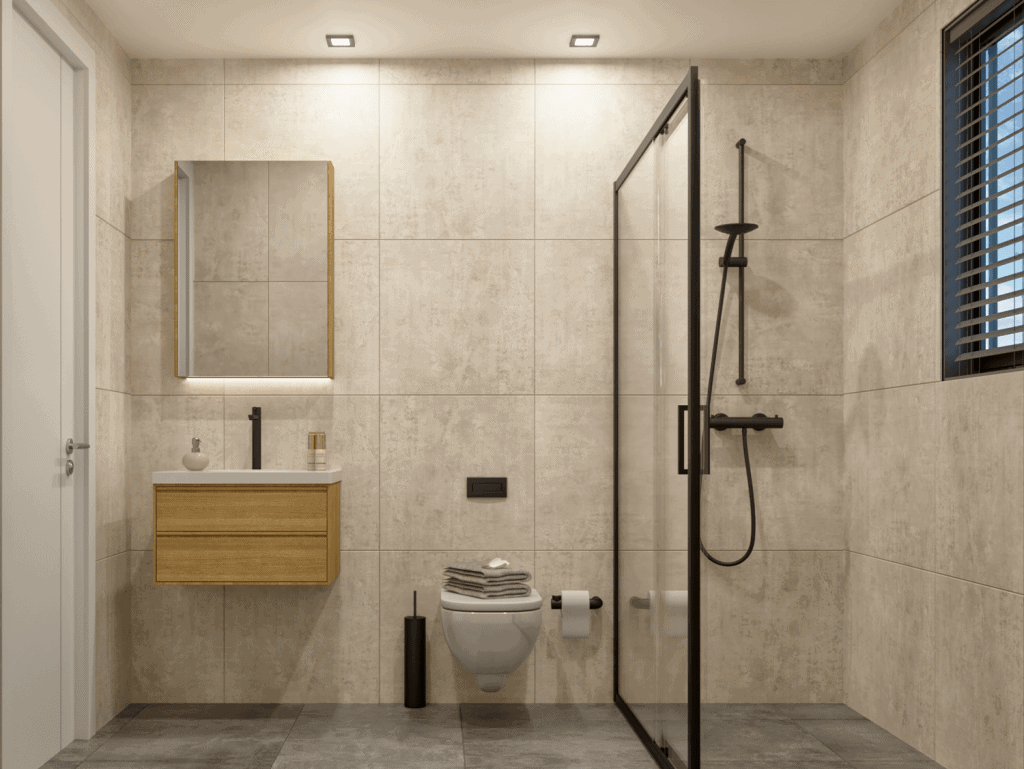 Bathroom with shower, toilet, and vanity in a contemporary Athens apartment.