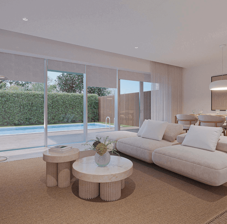 Bright living room with large glass doors overlooking a private pool in Porto, Portugal. Elegant fur.