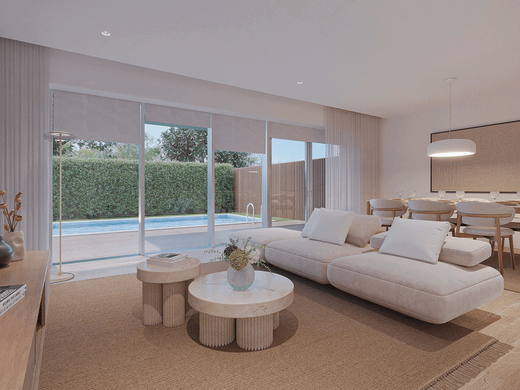 Bright living room with large glass doors overlooking a private pool in Porto, Portugal. Elegant fur.
