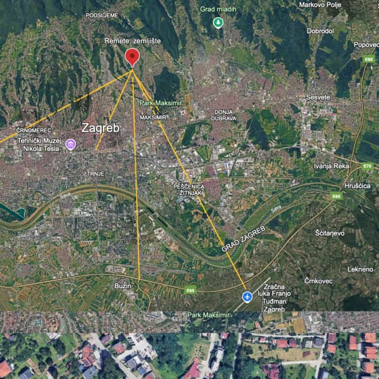 Aerial view of development land plot in Zagreb, Croatia, with property boundaries marked.