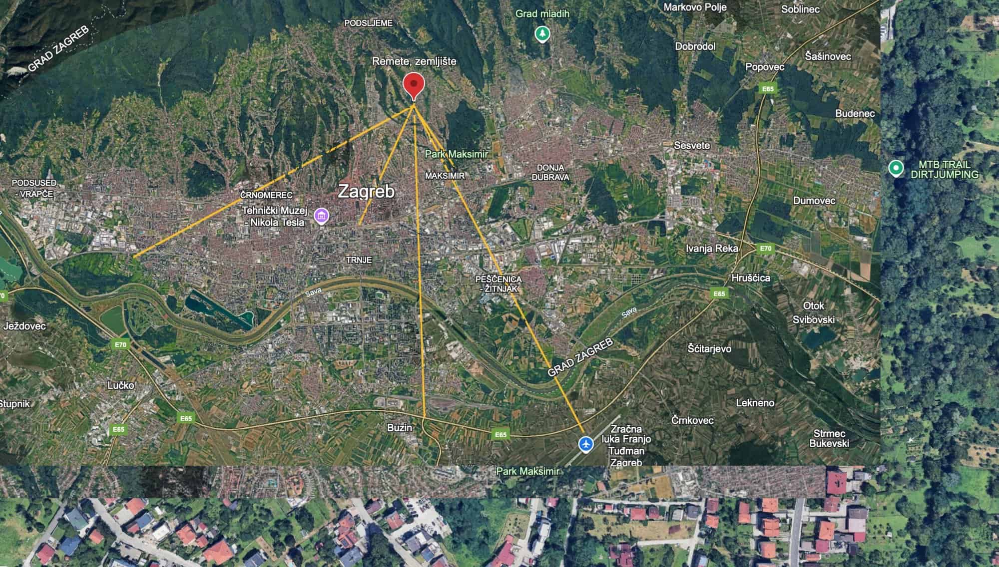 Aerial view of development land plot in Zagreb, Croatia, with property boundaries marked.