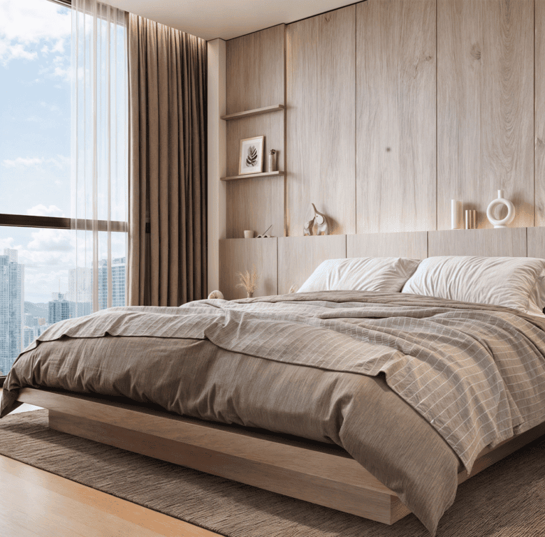 Modern bedroom with large window view in Panama City, Panama.