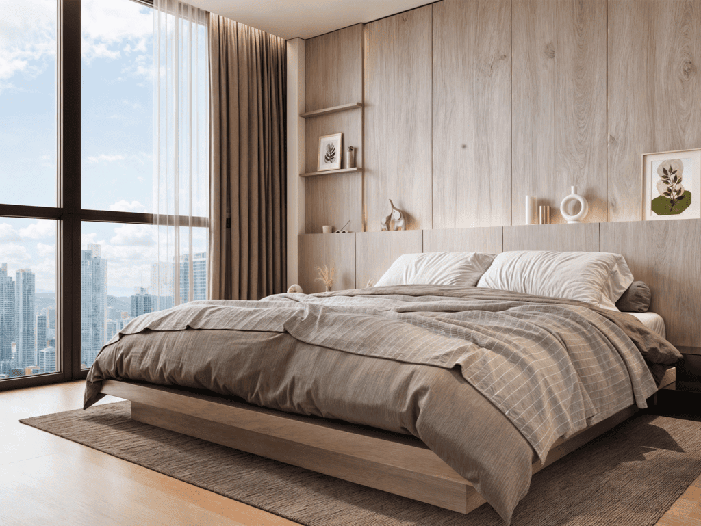 Modern bedroom with large window view in Panama City, Panama.