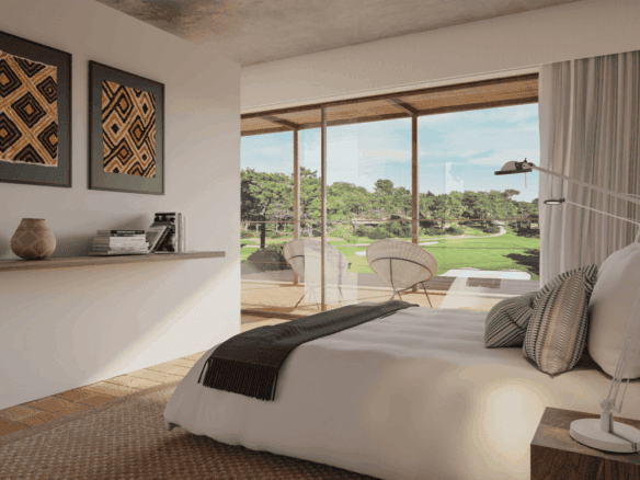 Bright bedroom with large glass windows overlooking lush green landscape in Ferragudo Village, Algar.