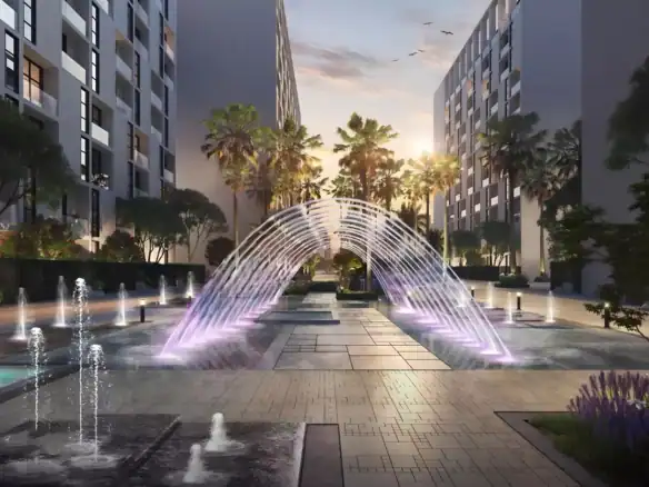 Beautiful water fountain and landscaping at Nama 3 Complex in Sharjah UAE.