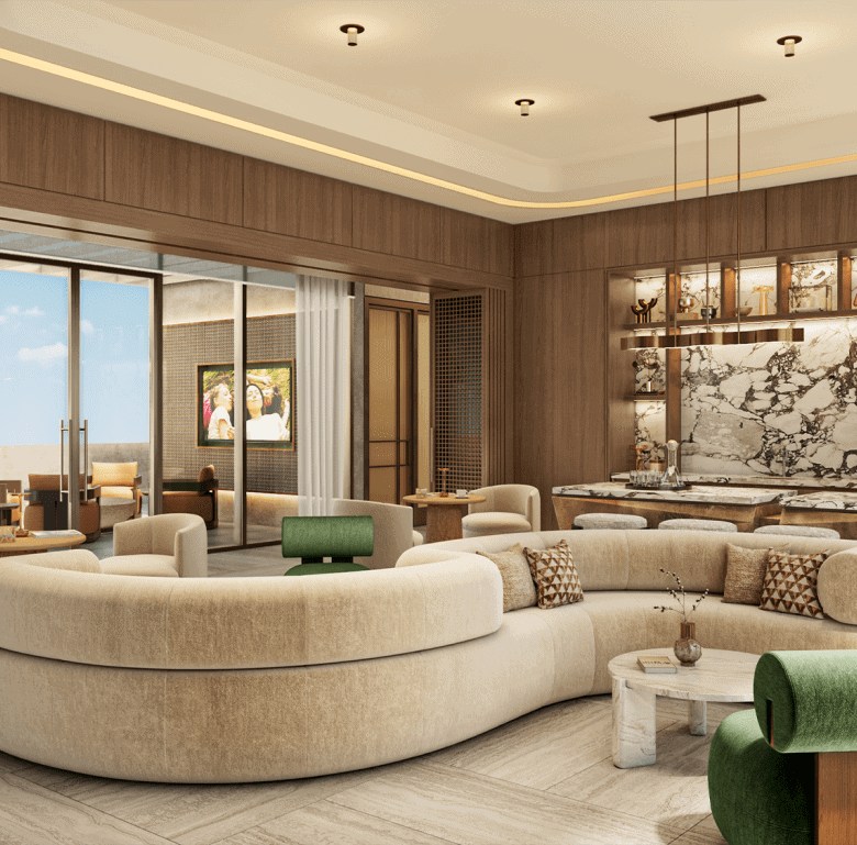 Modern Miami apartment interior with stylish furniture and marble accents.