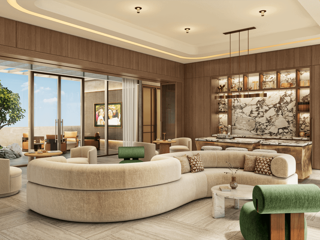 Modern Miami apartment interior with stylish furniture and marble accents.