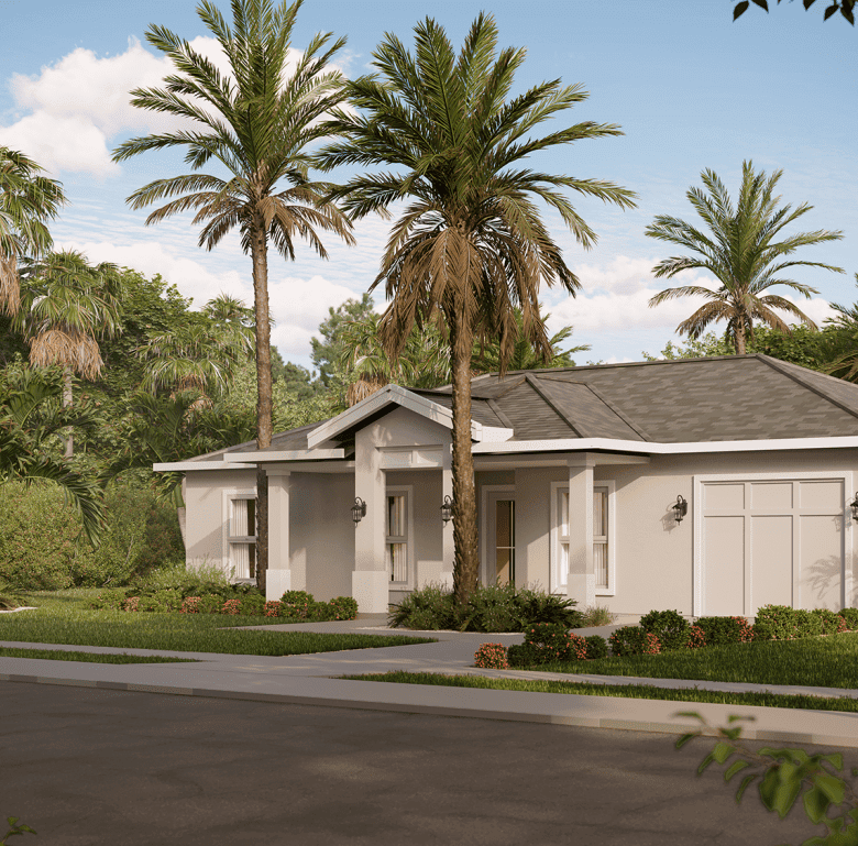 Beautiful single-story Florida home surrounded by lush palm trees and tropical landscaping.