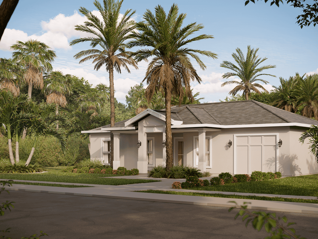 Beautiful single-story Florida home surrounded by lush palm trees and tropical landscaping.