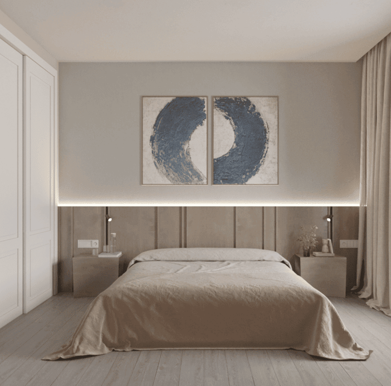 Contemporary bedroom featuring neutral tones, artwork, and ample sunlight.