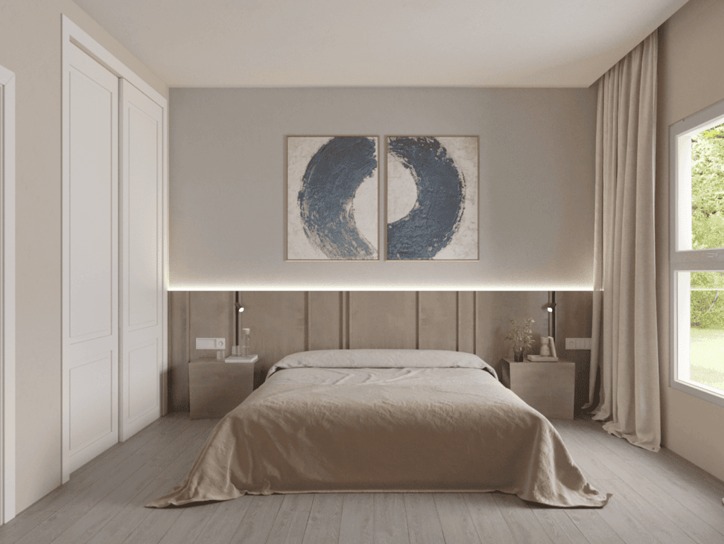 Contemporary bedroom featuring neutral tones, artwork, and ample sunlight.
