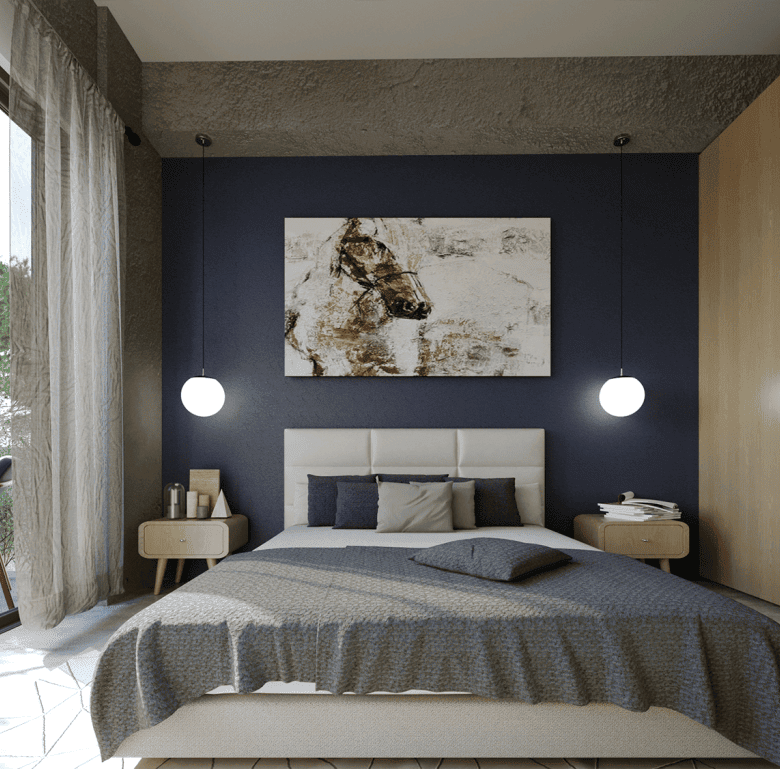 Modern bedroom at Gazi Apartments in Athens, Greece, featuring stylish decor and comfortable furnish.