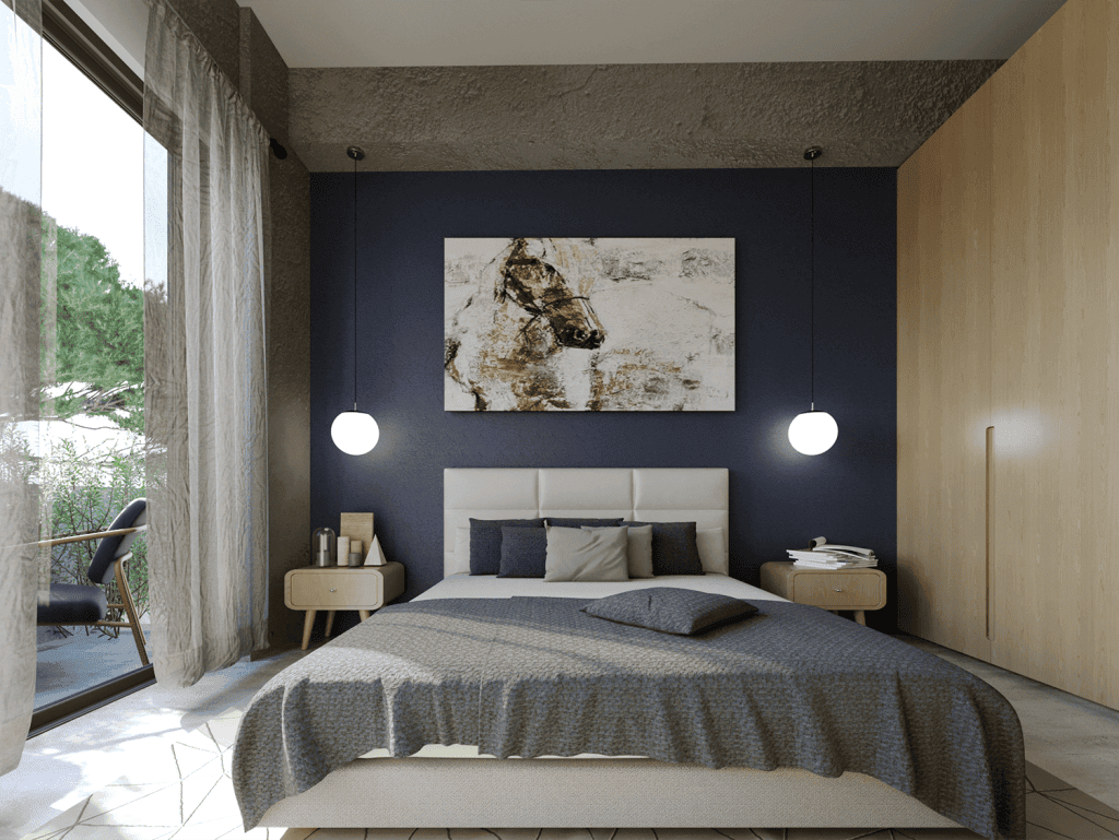 Modern bedroom at Gazi Apartments in Athens, Greece, featuring stylish decor and comfortable furnish.