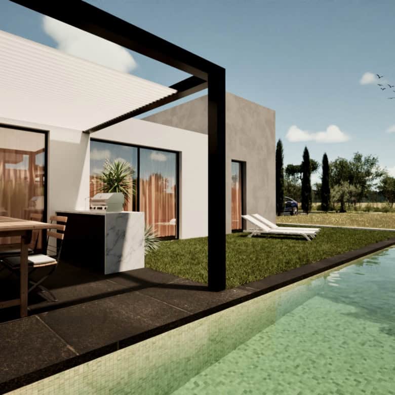 Beautiful modern villa with pool and outdoor dining area in Setubal, Portugal. Perfect for relaxing.