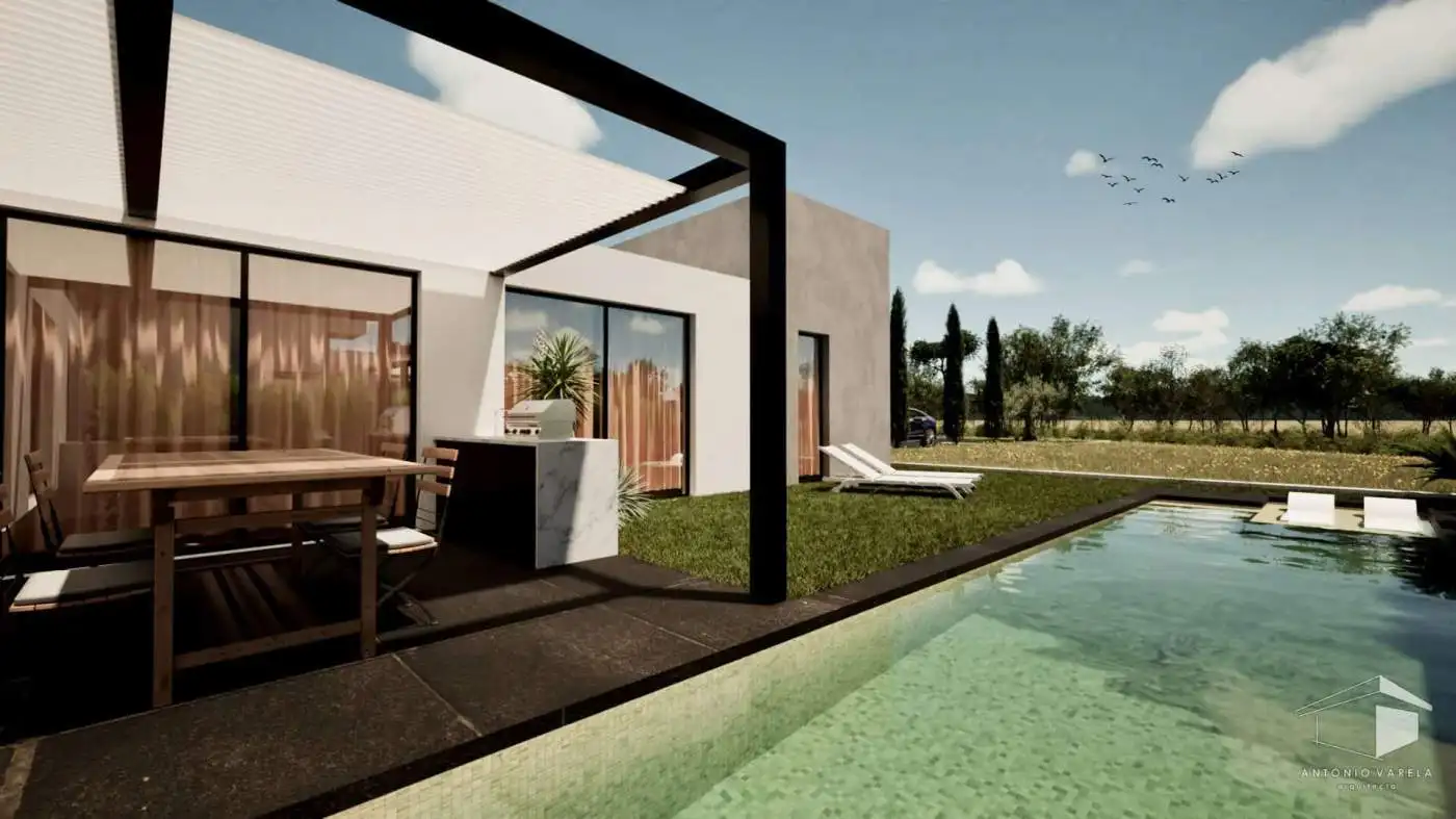 Beautiful modern villa with pool and outdoor dining area in Setubal, Portugal. Perfect for relaxing.