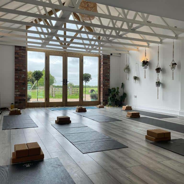 Yoga studio with large windows and natural light, perfect for relaxation and wellness.
