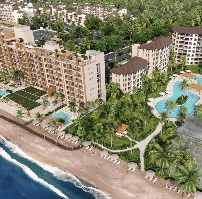 Oceanfront resort in Surfside, Playa Caracol, Panama with pools and lush gardens.