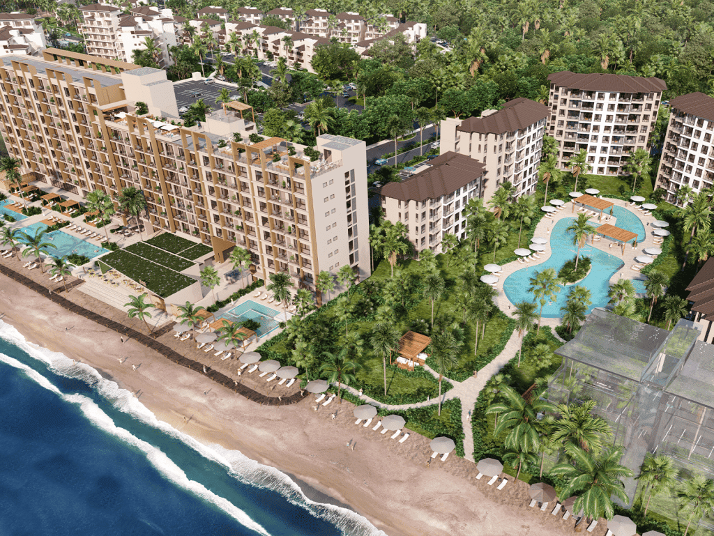 Oceanfront resort in Surfside, Playa Caracol, Panama with pools and lush gardens.