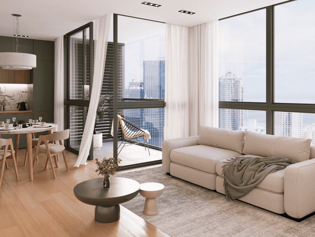 Bright living room with large windows overlooking Panama City skyline.