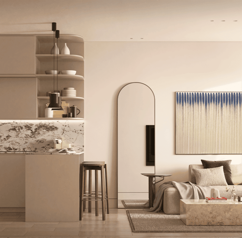 Elegant interior design featuring a cozy sofa, artwork, and contemporary furnishings.