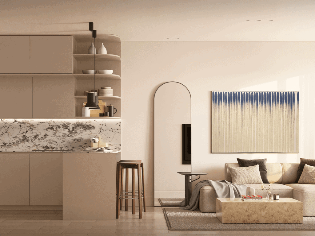Elegant interior design featuring a cozy sofa, artwork, and contemporary furnishings.