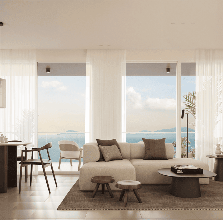 Luxurious living room in Panama City with panoramic ocean views and contemporary decor.