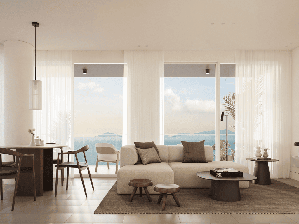 Luxurious living room in Panama City with panoramic ocean views and contemporary decor.