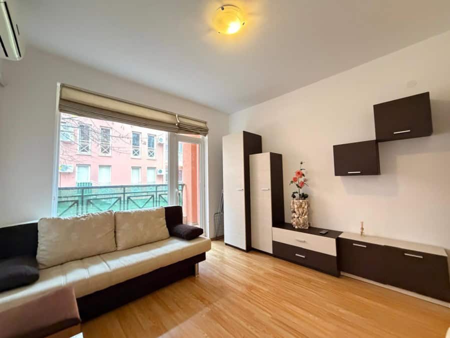Bright living room in a modern 2-bedroom apartment, 3 km from Sunny Beach.