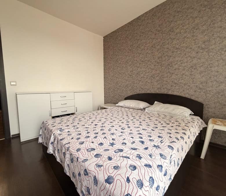Bright bedroom with stylish bedding and large terraces in Imperial Heights, outskirts of Sunny Beach.