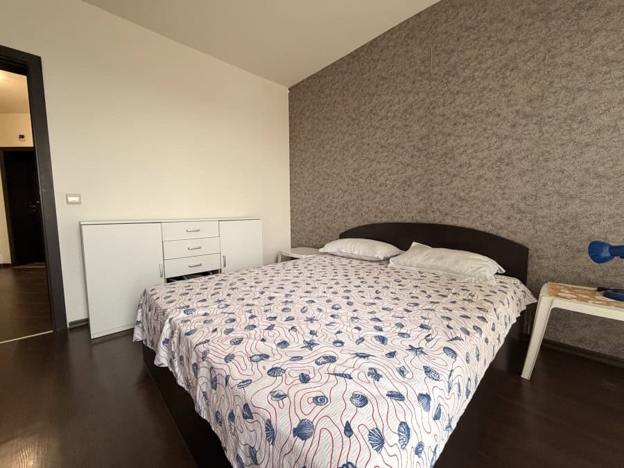 Cozy 1-Bed Apartment with Terraces in Sunny Beach Bright bedroom with stylish bedding and large terraces in Imperial Heights, outskirts of Sunny Beach.