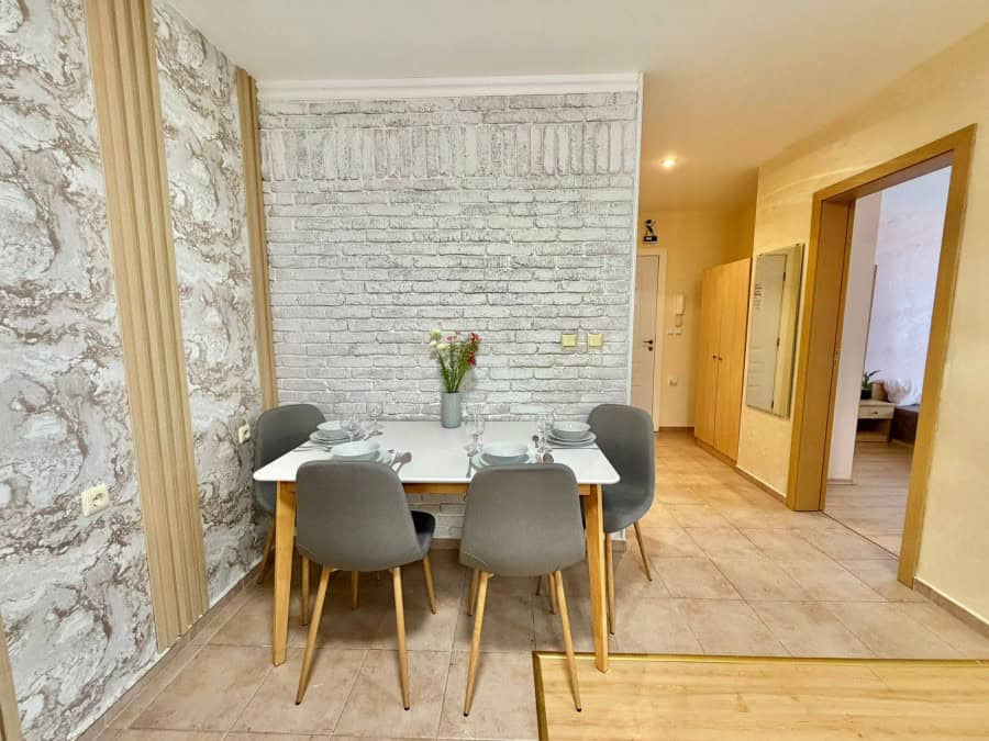 Bright dining area in a stylish apartment near the sea in Sveti Vlas.