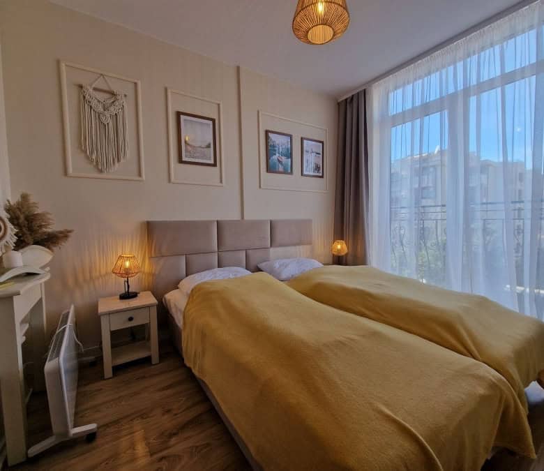 Cozy 1-bedroom apartment in Dawn Park, Sunny Beach with bright decor and large window.
