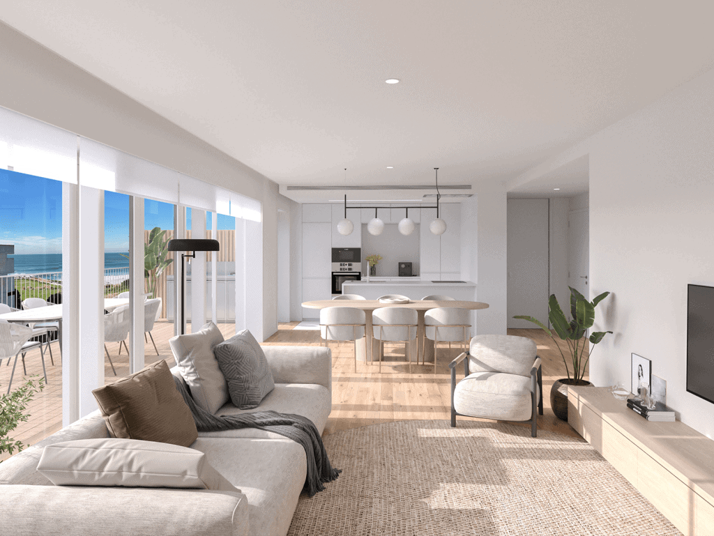 Sea view living room in Porto, Portugal with bright, airy design and contemporary furnishings.