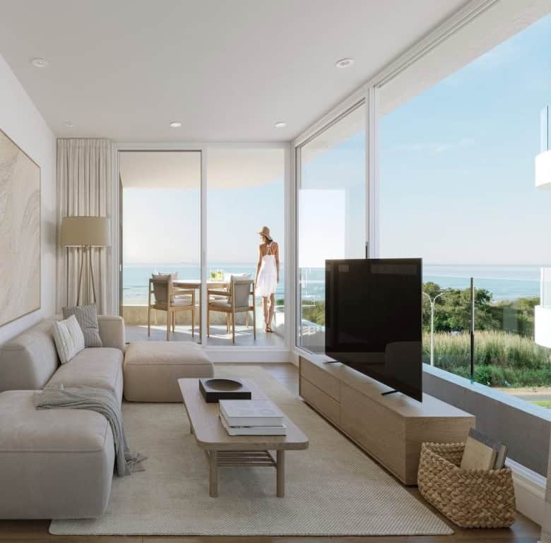Modern living room with sea view in Montevideo, Uruguay.