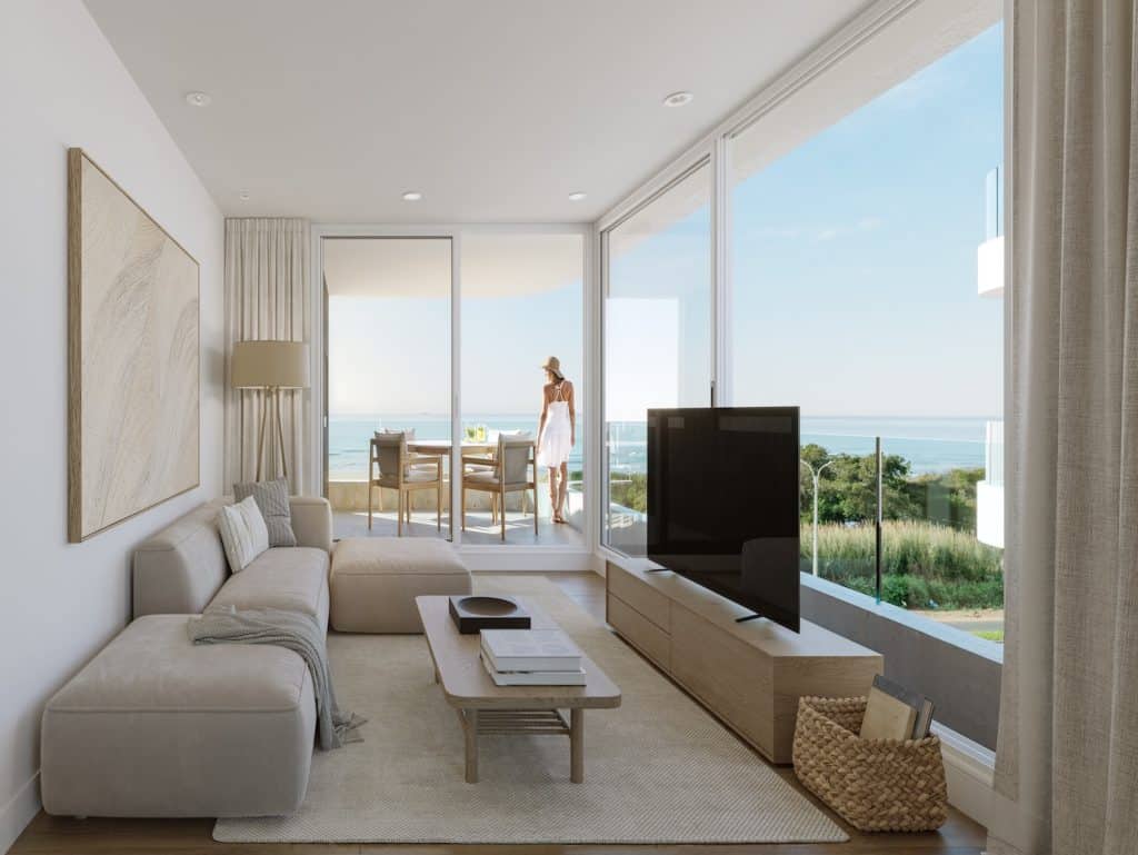 Modern living room with sea view in Montevideo, Uruguay.