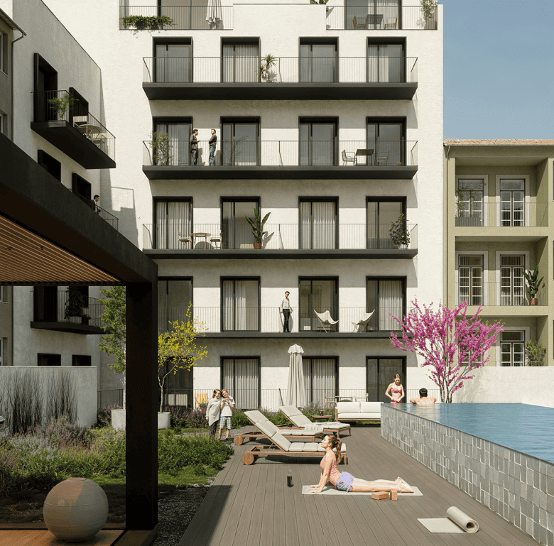 Modern Lisbon apartment with pool, garden, and balconies in Vieira Da Silva neighborhood.
