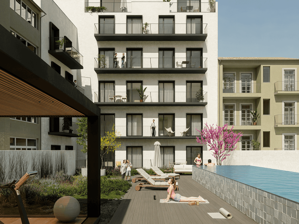 Modern Lisbon apartment with pool, garden, and balconies in Vieira Da Silva neighborhood.