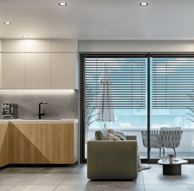 Contemporary apartment in Koukaki, Athens with balcony and city views.